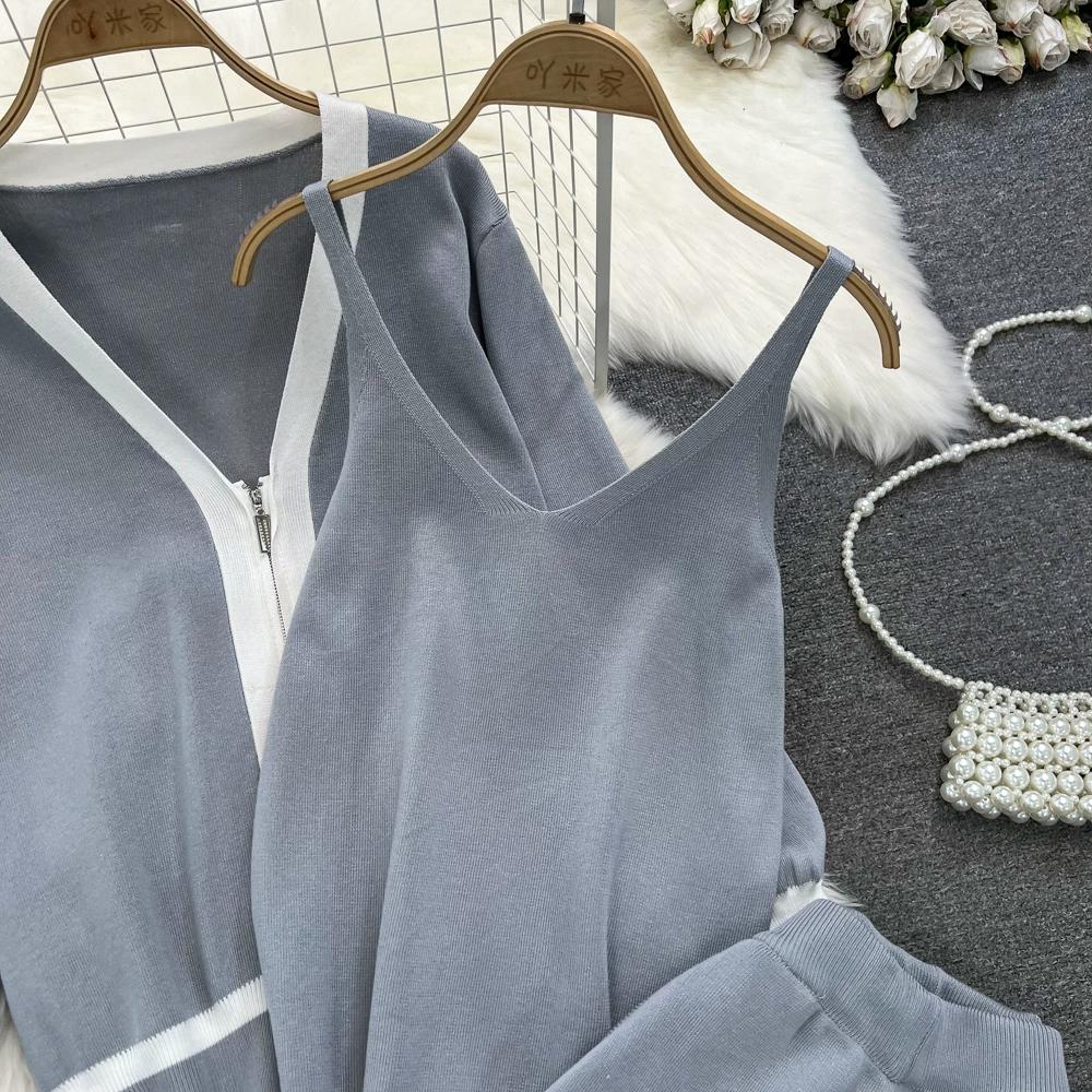 Осень-зима, винтажный однотонный вязаный свитер, брюки, комплект из 3 предметов, женский спортивный костюм, куртка на молнии с длинными рукавами, пальто, жилет, брюки, наряды