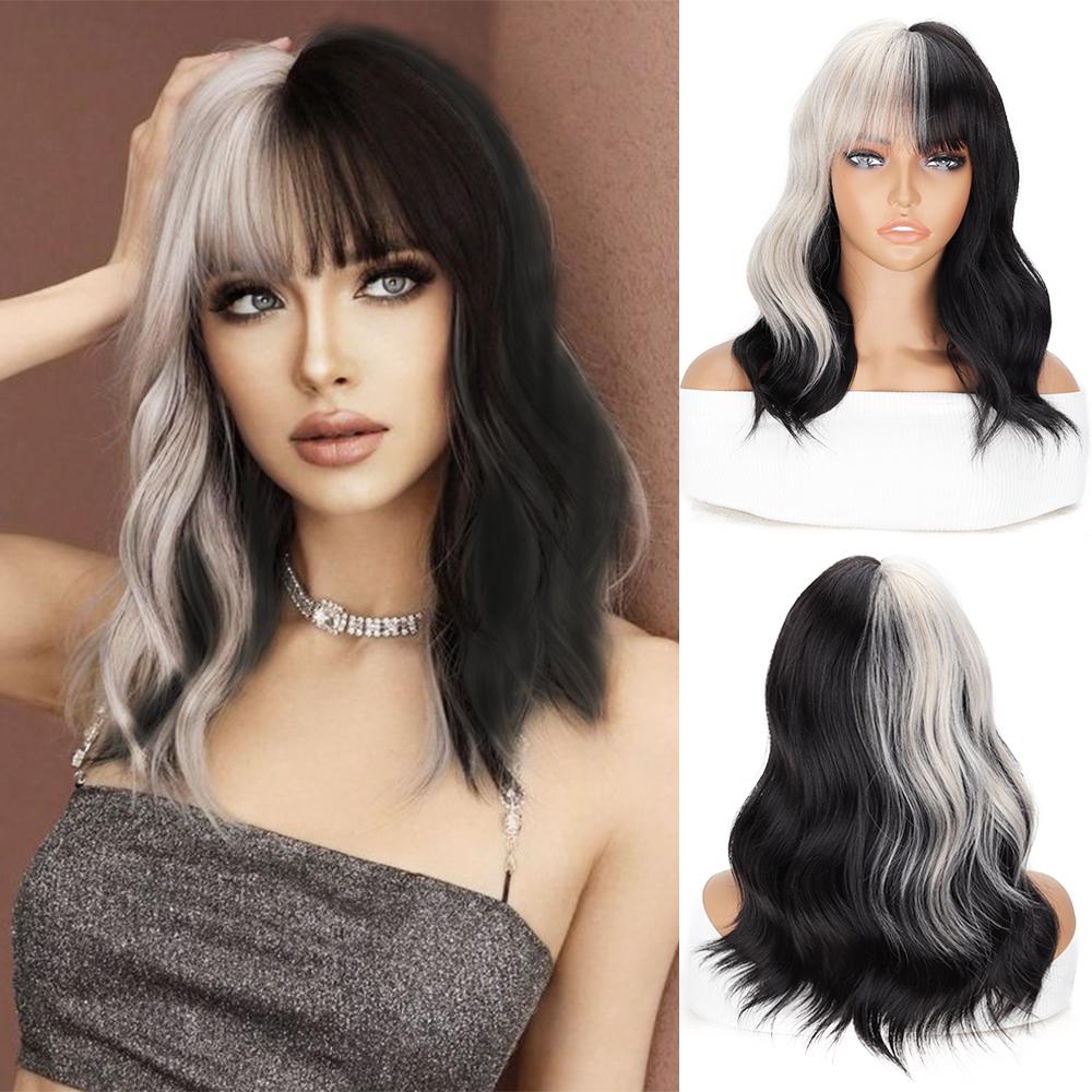 LISI HAIR Синтетические короткие парики с мелированием, черный смешанный белый парик с челкой, волнистый парик для женщин, повседневное использование на вечеринках