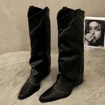 Винтажные коричневые V-образные пряжки Chelsea Botas Модные ковбойские сапоги с острым носком в стиле вестерн, ботинки-трубы с заклепками для женщин, нескользящие ботинки