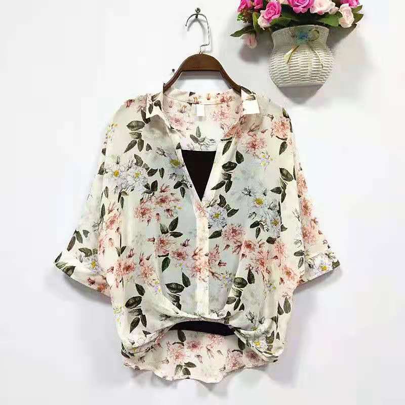 Летняя шифоновая рубашка-комбинация из двух частей, женская рубашка с рукавами «летучая мышь», корейская свободная рубашка с короткими рукавами