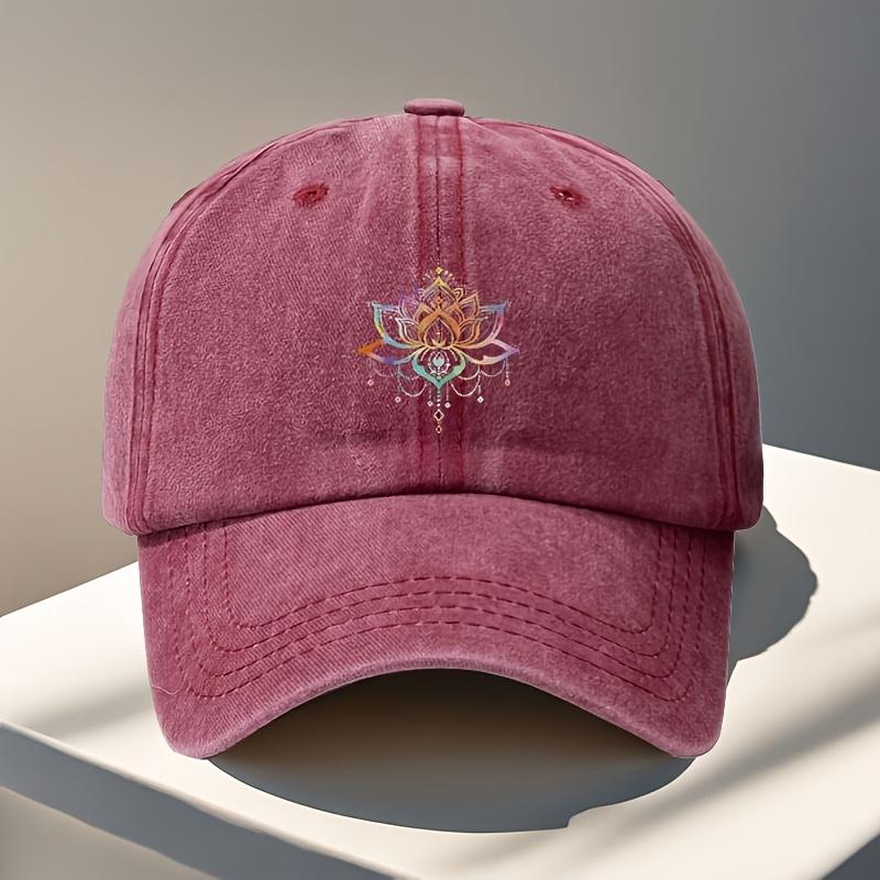 A Baseball Cap Featuring a RainbowPatterned Lotus Print a Classic Washed Vintage Style Perfect for Outdoor Casual Sports And
