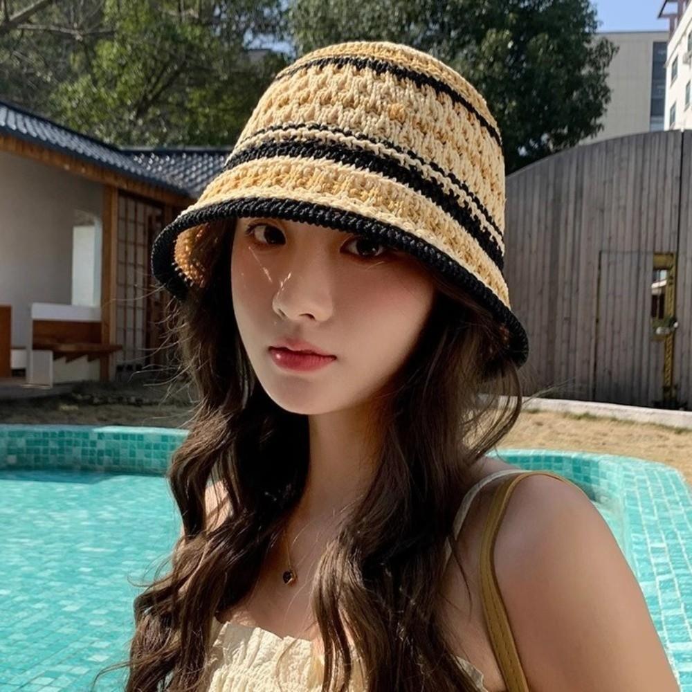Stripe Knitted Bucket Hat Temperament Sun Protection Cap Fashion Fisherman Hat Women