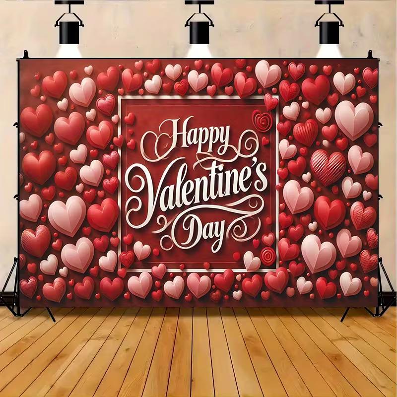2D Happy Valentine's Day Backdrop with Red and Pink Hearts Photo Background
