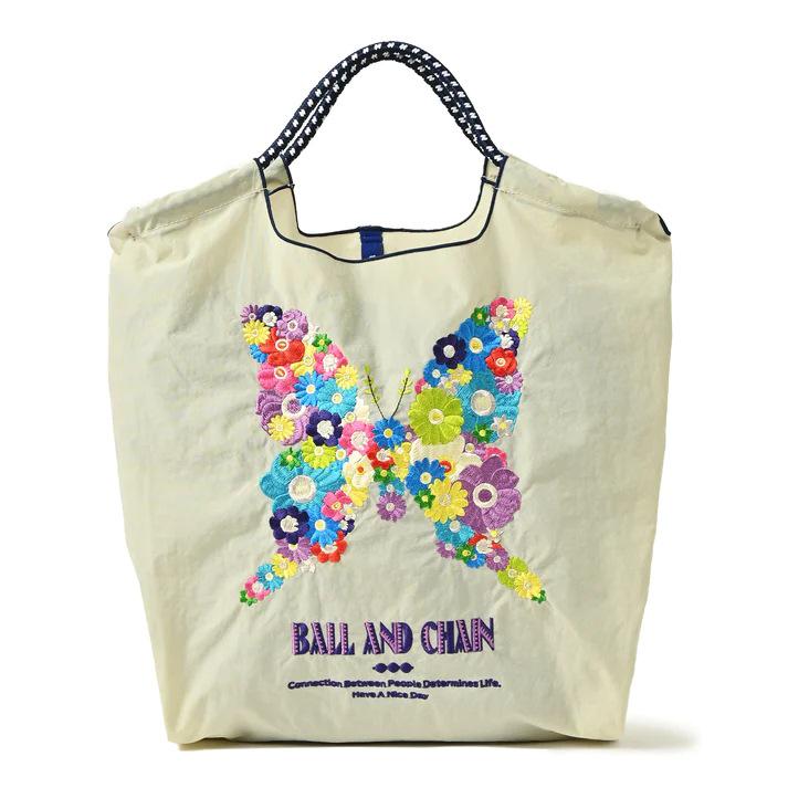 Eco-Friendly Embroidered Nylon Shopping Bag with Butterfly and Flower Designs, Convertible Hand-Held/Shoulder Style.