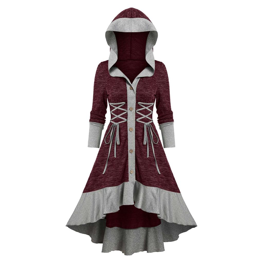 Women Contrast Ribbed Ruffles Flare Sleeve Button Coat High Low Cardigan