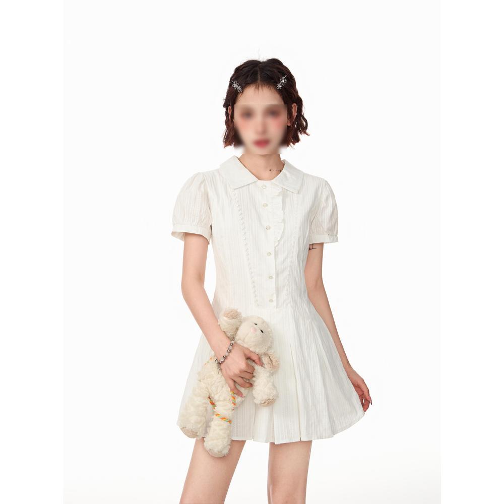 College Style Bubble Sleeve A-shaped Dress, High-end Design Sense, Summer New Sweet Waist and Thin Dress for Women