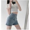 Черные джинсовые шорты с застежкой на пуговицы и высокой талией, корректирующие живот, для женщин, эластичные прямые брюки А-силуэта, широкие шорты в стиле Ins
