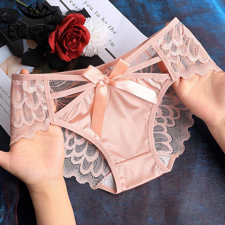 Women Lace Satin Panties Silk Bow Criss Cross Sexy Seamless Panty Ladies Cute Summer Underwear Briefs M-XL