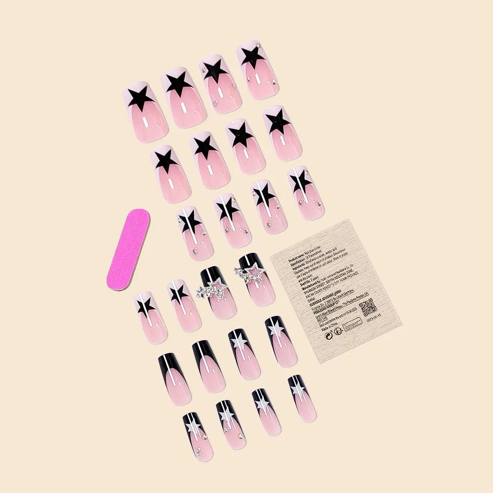 Y2K Black French Square Nails, Star & Silver Pendant Press On Nails with Sparkling Rhinestones