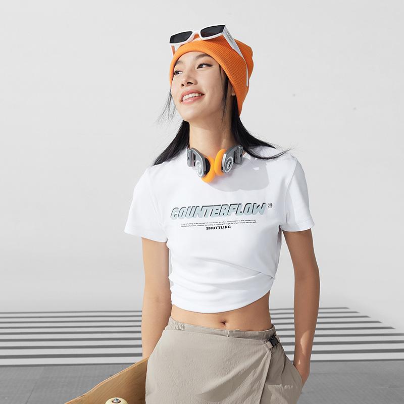 Li Ning CF Letter Print Pullover Round Neck Short Sleeve T Shirt Women T Shirts Standard-White ATSU614-1