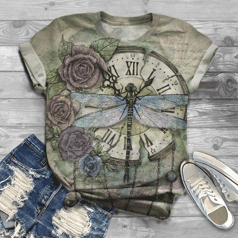 Женская летняя футболка тренд принт стрекозы ретро мода футболки с коротким рукавом повседневные принтованные топы