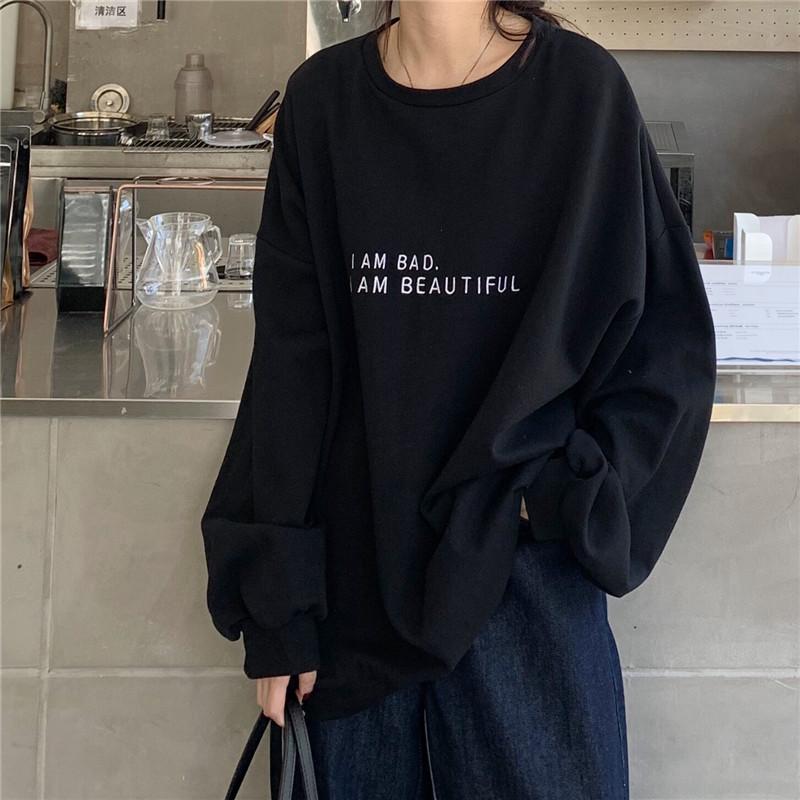 Autumn Korean Hong Kong Style Minimalist Letter Student Top Loose Thin Long Sleeve Hoodie Womenswear
