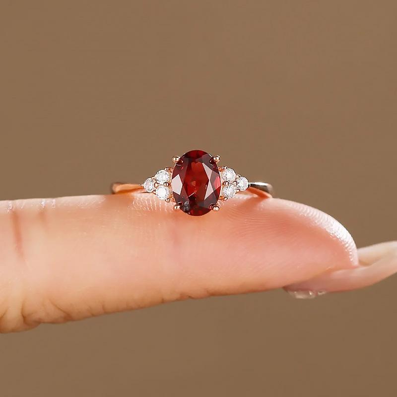 Rose Gold Plated Imitation Natural Red Garnet Ring, Female Simple Treasure Inlaid Zircon Diamond Ring