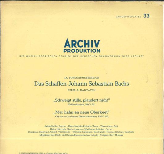 Грампластинка KURT THOMAS MITGLIEDER DES STADT U И.С. Бах Кофейная кантата BWV 211 B APM14161 ARCHIV PRODUKTI 1960 Германия Классическая Б/у