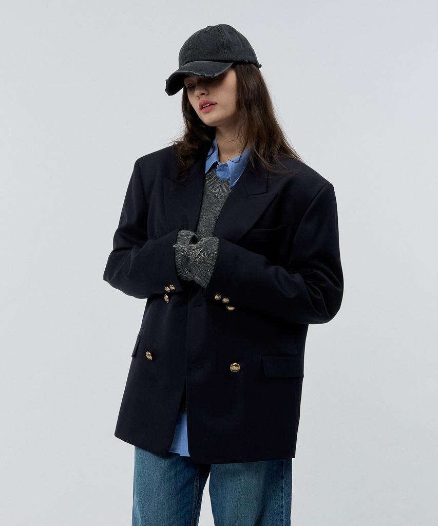 Intersection Oversized Double-Breasted Wool Jacket [Navy]