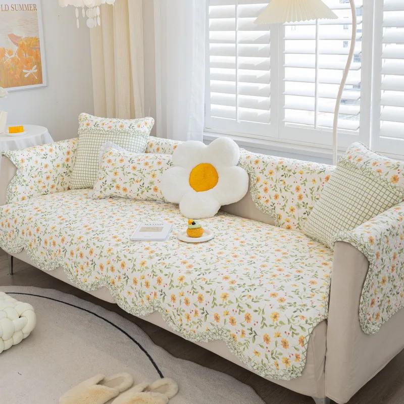 Pure Cotton Simple Dustproof Sofa Mat Retro Small Floral Comfortable Cushion Four Seasons Universal Anti Slip Couch Cover Cloth