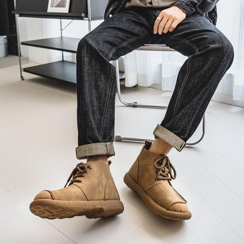 Мужские ретро ботильоны, обувь, модная повседневная обувь для вождения, черные, коричневые, с широким носком, высокие, больших размеров