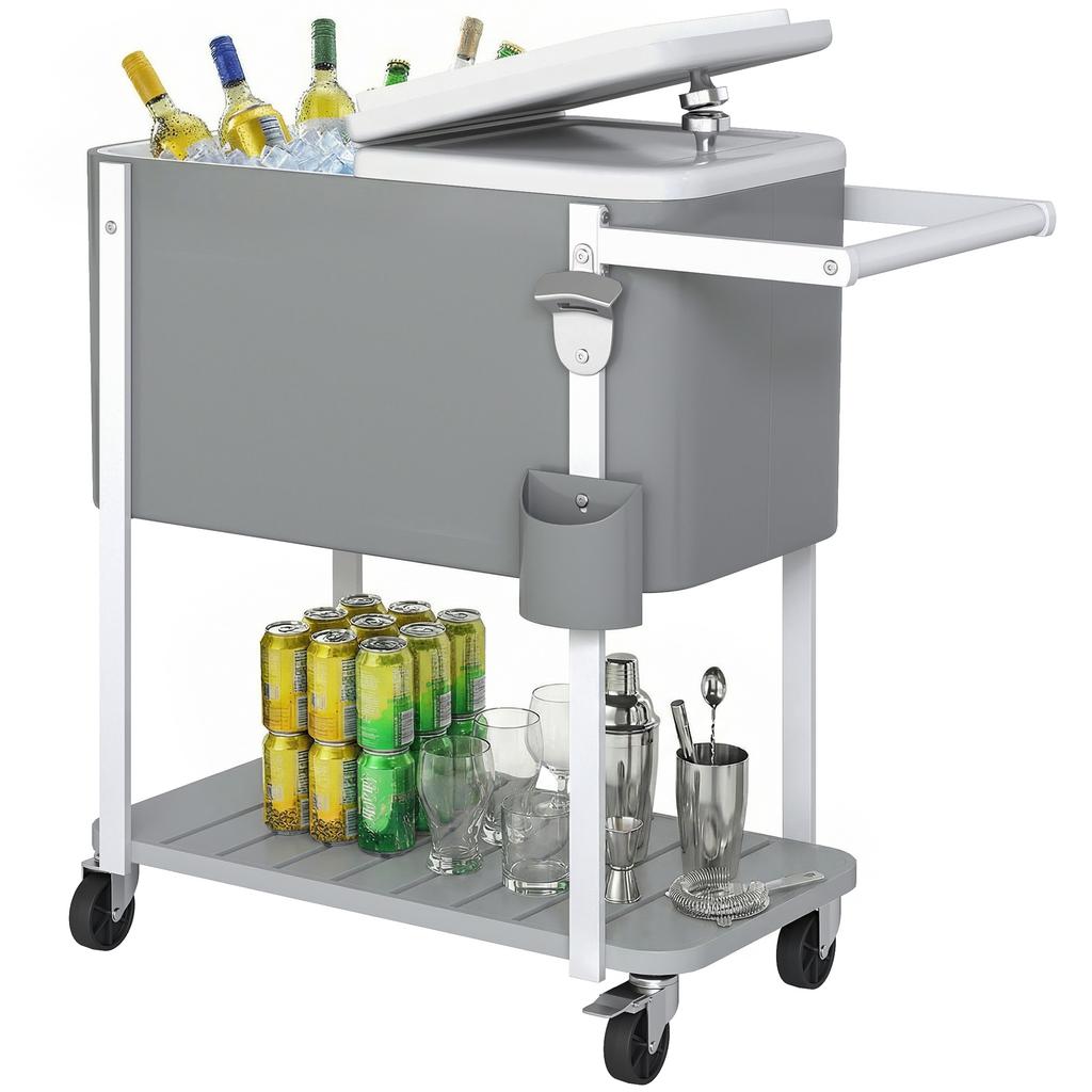 Cooler Cart with 56L Capacity, Serving Cart with Wheels, Bottle Opener, Lower Shelf, Handle, Mobile Beverage Cart, Gray