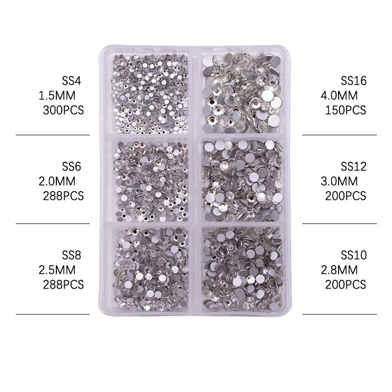 6 сеток/коробка, разные размеры, стразы с плоской задней стороной AB для ногтей, хрустальное стекло, драгоценные камни, ювелирные изделия с бриллиантами, аксессуары для украшения ногтей