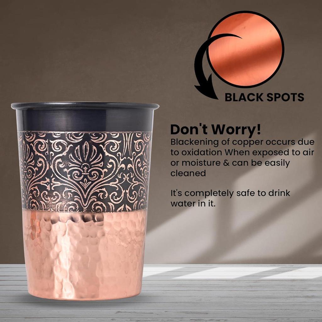 Copper Printed Design 250ML Water Glass with Rust Proof Protection for Home and Office Use Ayurveda and Yoga Health Benefits Glass Set of 6