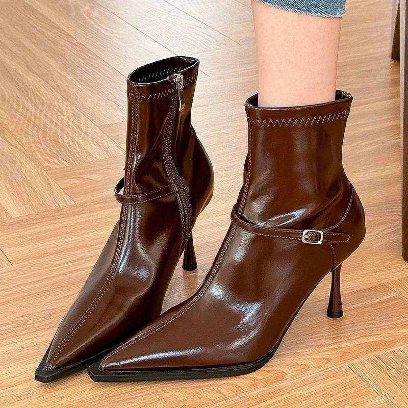 Кожаные женские ботильоны на высоком каблуке с острым носком, модная сексуальная обувь, новый бренд 2025 года, дизайнерские туфли-лодочки, зимние туфли Botas De Mujer