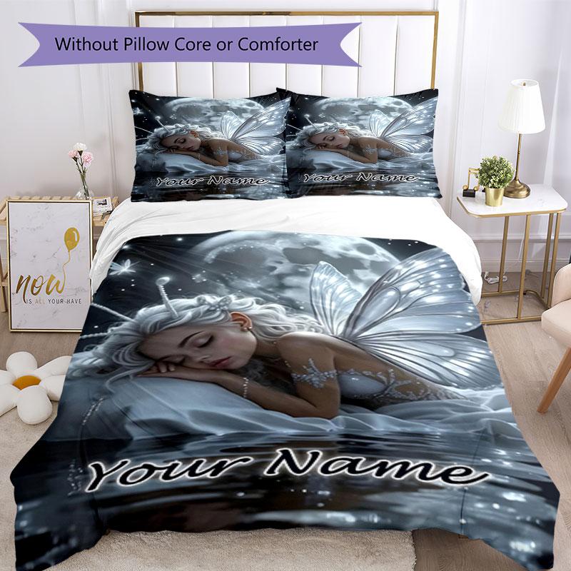 3pcs Custom Name Moonlit Fairy Dreams Bedding Set Printed Bedding Set Duvet Cover Closure Includes 1 Duvet Cover & 2 Pillowcases Bedroom Decor