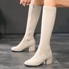 Модные женские сапоги из флока до колена, осенне-зимняя обувь, черные, бежевые, на низком каблуке, длинные, высокие сапоги до бедра, женские меховые туфли, большой размер 48