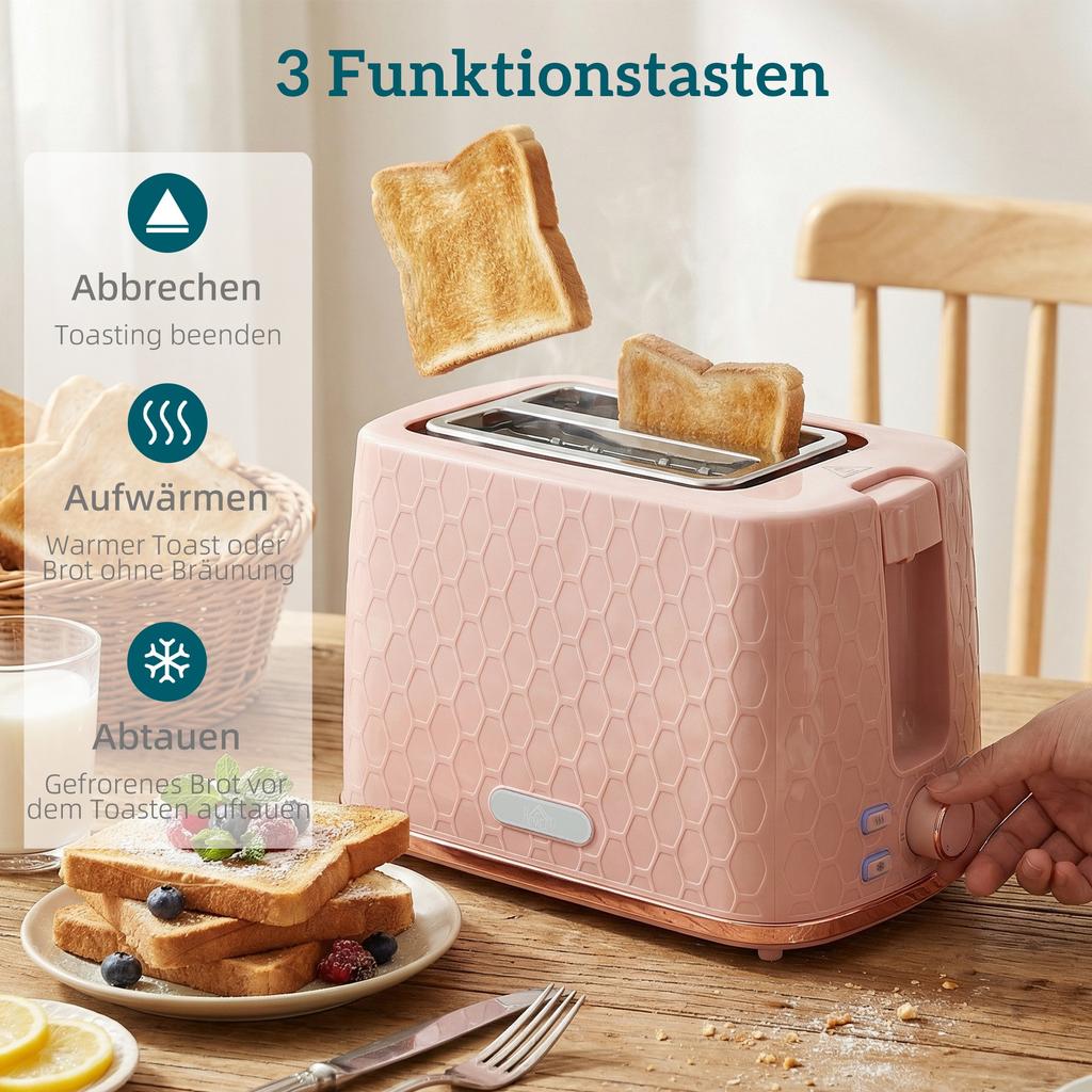 Kettle and Toaster Set, 1.7L 2200W Fast Boil Kettle with Automatic Shut-Off and 2-Slice Toaster with Crumb Tray, Pink