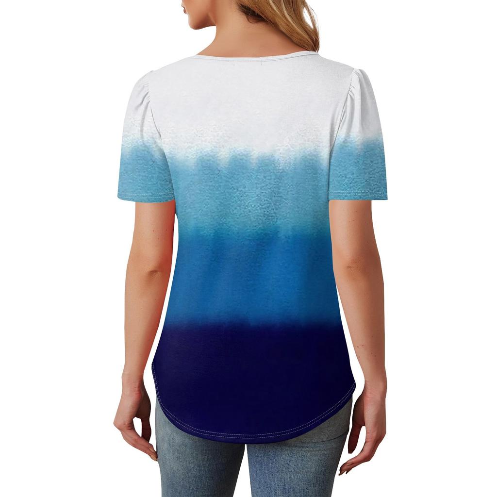 Женский модный повседневный короткий рукав пуловер с принтом на пуговицах и круглым вырезом