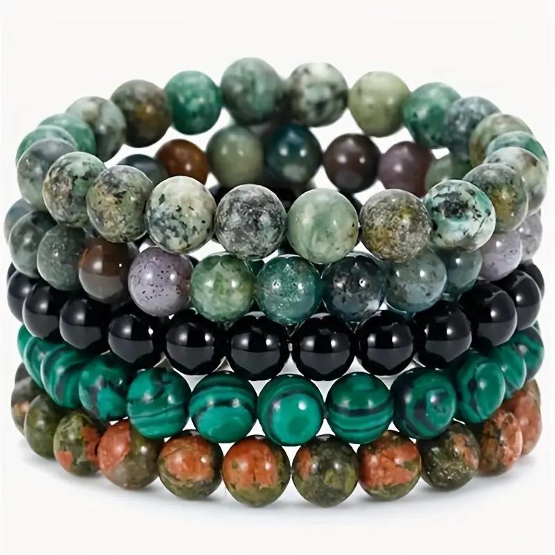 Tiger Eye, Volcanic & Map Stone Elastic Beaded Bracelet - Natural Stone Accessory