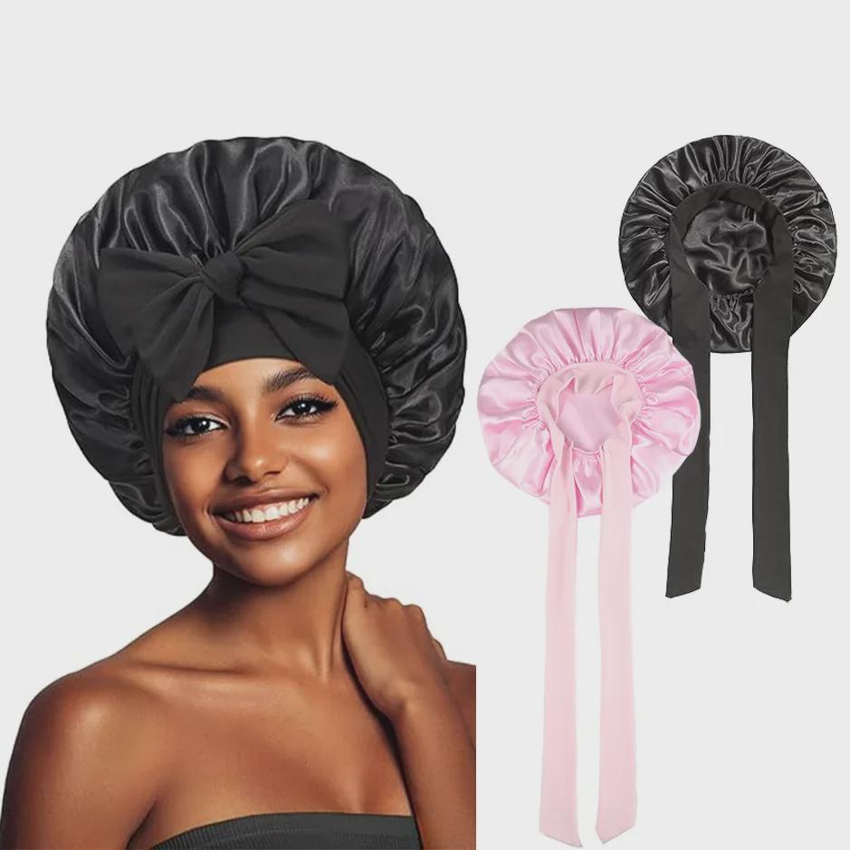 High Elastic Satin Nightcap with Wide Brim & Bow for Salon Hair Care