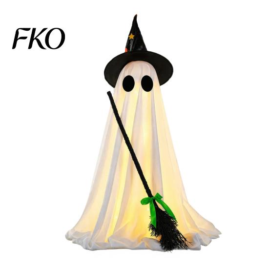 Witch Ghost Decoration Halloween Light-Up Decoration, Spooky Hat Ornament with LED Yard Light, Broom Decor for Outdoor Lawn Porch Holiday Party Large