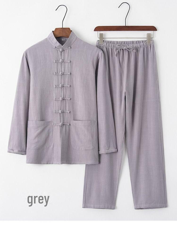 Men's Retro Chinese Style Cotton-Linen Long-Sleeve Tang Suit Hanfu Tai Chi Zen Top
