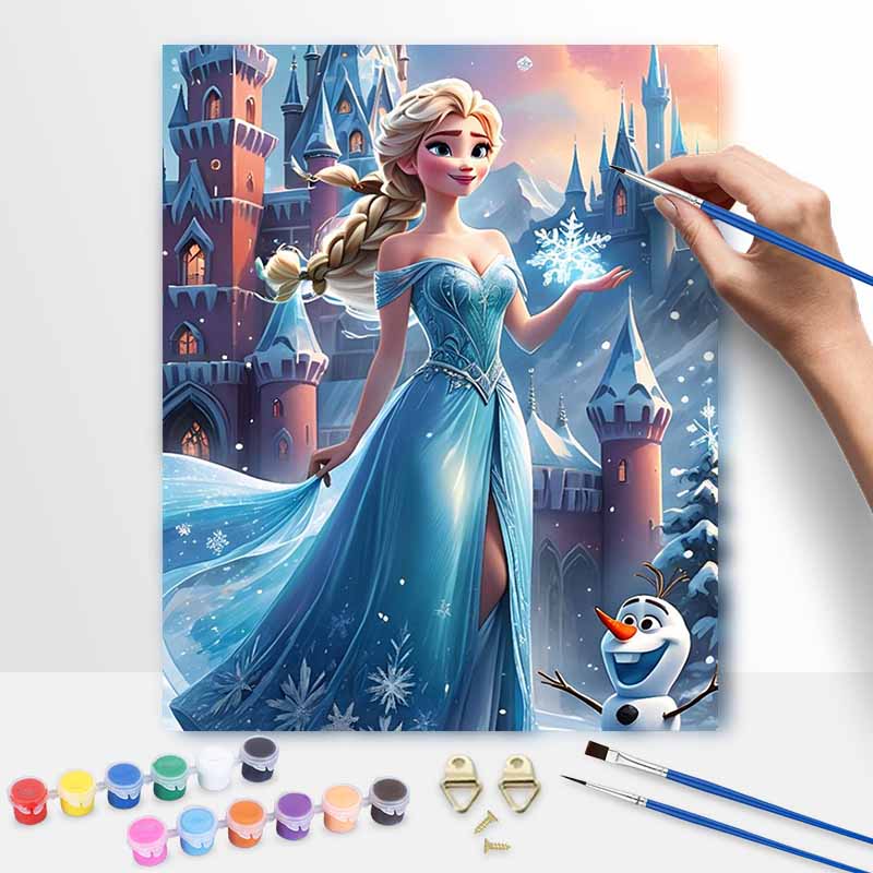 Disney Oil Painting DIY Digital Painting Winter Snow Queen with Ice Castle and Snowman HandPainted Wall Art for Living Room.