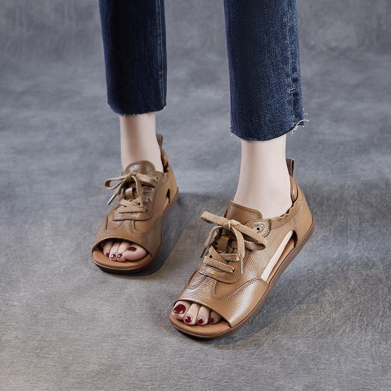 Johnature Сандалии из натуральной кожи с открытым носком, в стиле ретро, на плоской подошве, со шнуровкой, на мягкой подошве, женские туфли