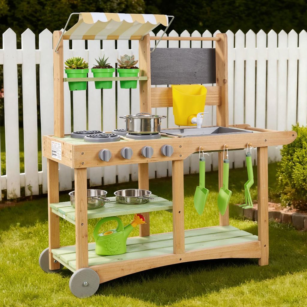VEVOR Mud Kitchen, Outdoor Mud Kitchen for Kids, Wood Outdoor Play Kitchens with Spoons, Sink, Sunshade Canopy, Swivel Wheels