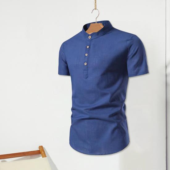 Мужская рубашка сплошной цвет Slim Fit воротник-стойка с короткими рукавами мягкий легкий пуловер на пуговицах