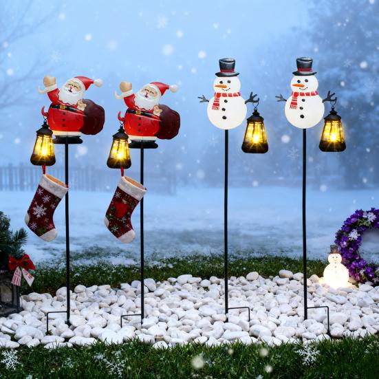 Solar Christmas Lawn Light Outdoor Lighted Santa Claus Garden Stake Metal Snowman Sign with Solar Lantern Waterproof Xmas Decor