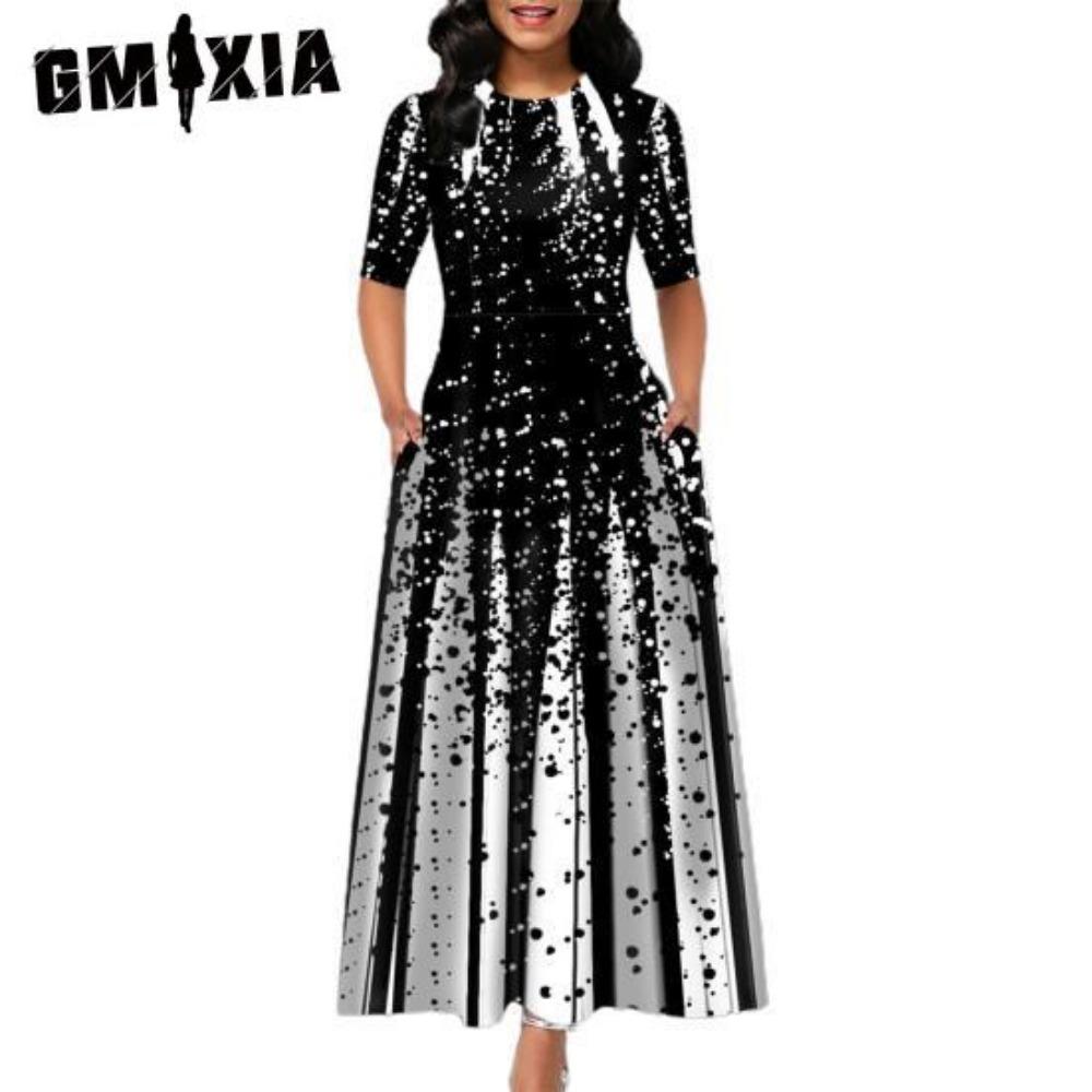 GMXIA Повседневное женское платье-пуловер со средней талией и круглым вырезом, платье с принтом и большим подолом, платье с коротким рукавом и длиной до щиколотки, женские платья