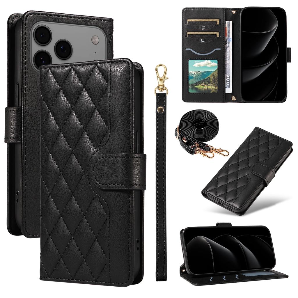 For iPhone 17 Pro Max Wallet Case Rhombus Leather Phone Cover with Strap