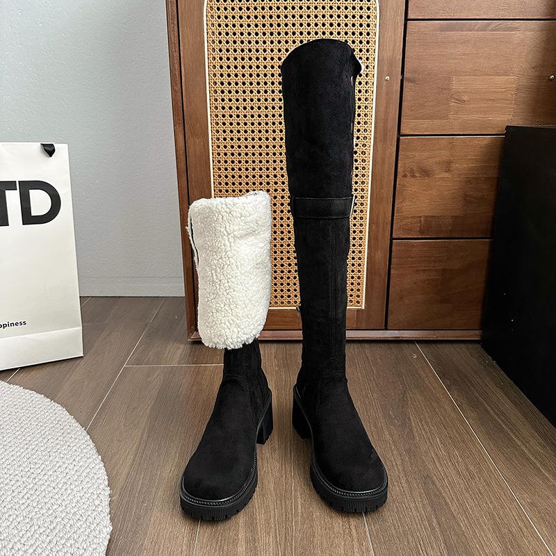 Зимние бархатные тонкие эластичные сапоги женские 2024 новые ретро толстые каблуки толстые молния сбоку модные сапоги рыцарские сапоги прилив