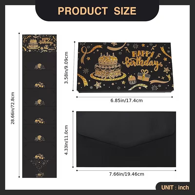 Black And Gold-Edged Birthday Gift Envelope With 6 Cash Slots And A Self-Sealing Design, Suitable For Both Cash And Cards
