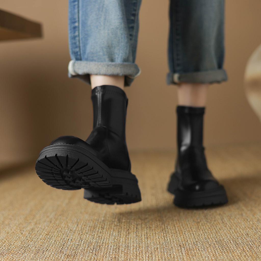 Krazing Pot Микрофибра Осенне-зимняя обувь Толстый высокий каблук Молния Платформа Размер 43 Мотоциклетные ботинки Коричневый цвет Ботильоны