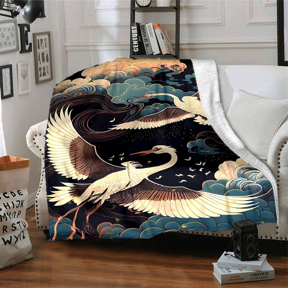 1pc Cranes Clouds Lightweight Flannel Blanket, Comfortable and Warm Blanket, for Office and Camping Sofa Bed, Livingroom061
