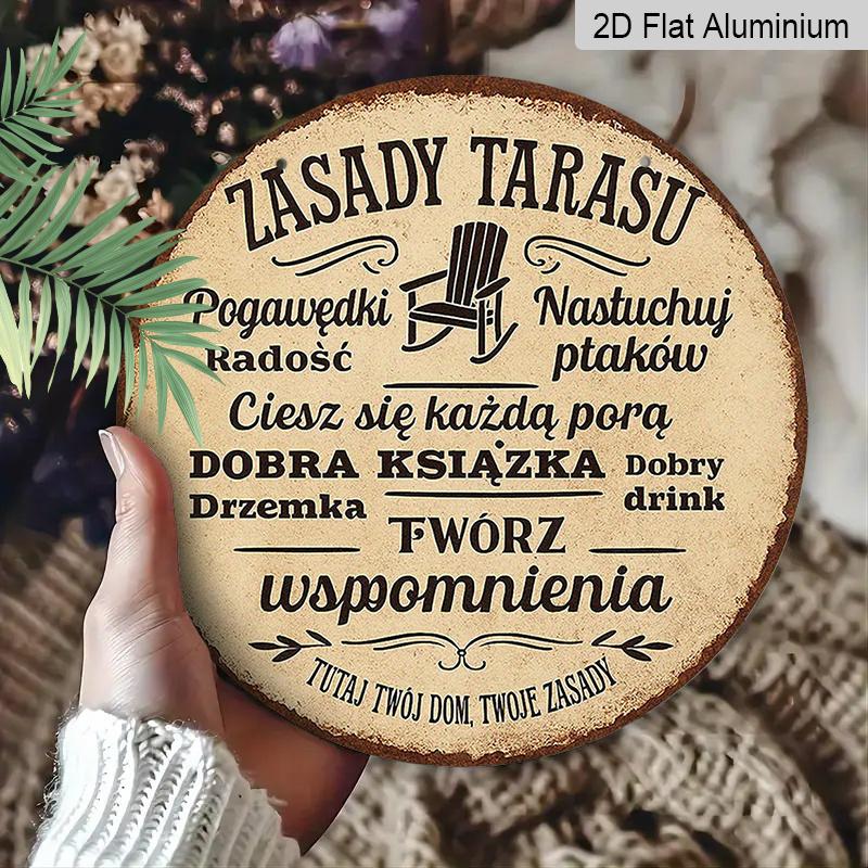 2D Flat, 1pc 7.87*7.87In/20X20Cm Round Sign, Retro Decorative Plaque with Polish Terrace Rules, "Here Is Your Home, Your Rules" Decorative Sign