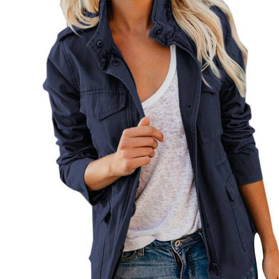Women Coat Stand Collar Zipper Multiple Pockets Solid Color Long Sleeves Soft Casual Cardigan Pure Color Spring Coat for Daily Wear