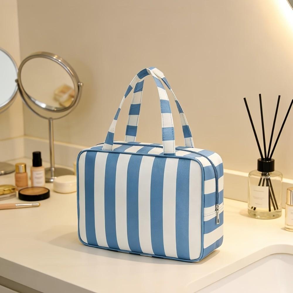 Large Capacity Striped Toiletry Storage Bag Multi Compartment Cosmetic Pouch Weekend Getaway