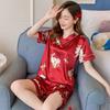 Summer Nightgown Thin Short-sleeved V-neck Ice Silk Pajamas Korean Sweet Two-piece Loungewear Sleepwear