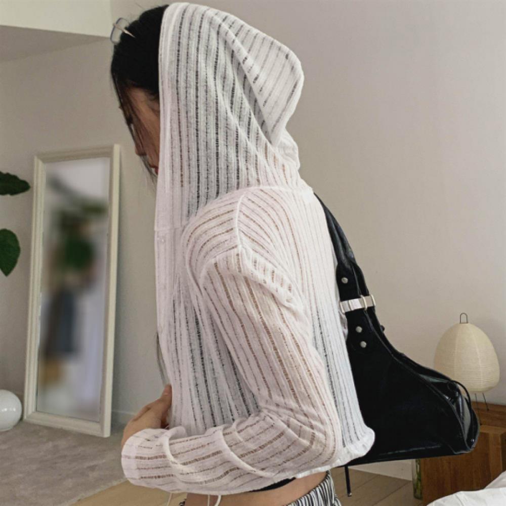 New ArrivalS Open Run Women S Strap Linen Sheer Ribbed Hoodie Short Cardigan