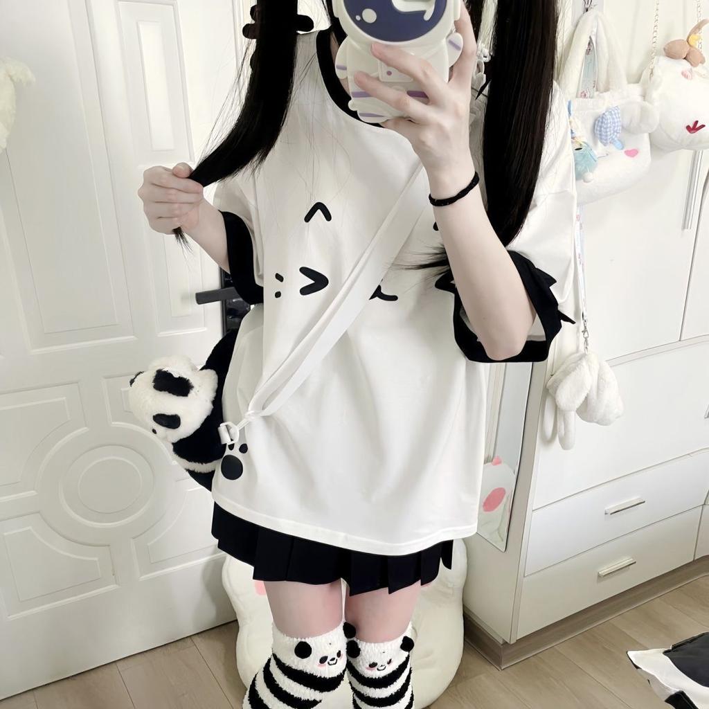 Kawaii милые лоскутные футболки женские японские модные Y2k Harajuku свободные футболки с милым котом и мультяшным принтом топы мягкие для девочек